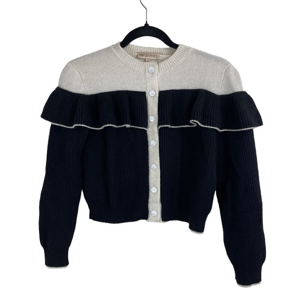 Emilio Pucci 100% Wool Colorblock Button Up Ruffle Cardigan Black Ivory Youth 10 - Picture 1 of 6